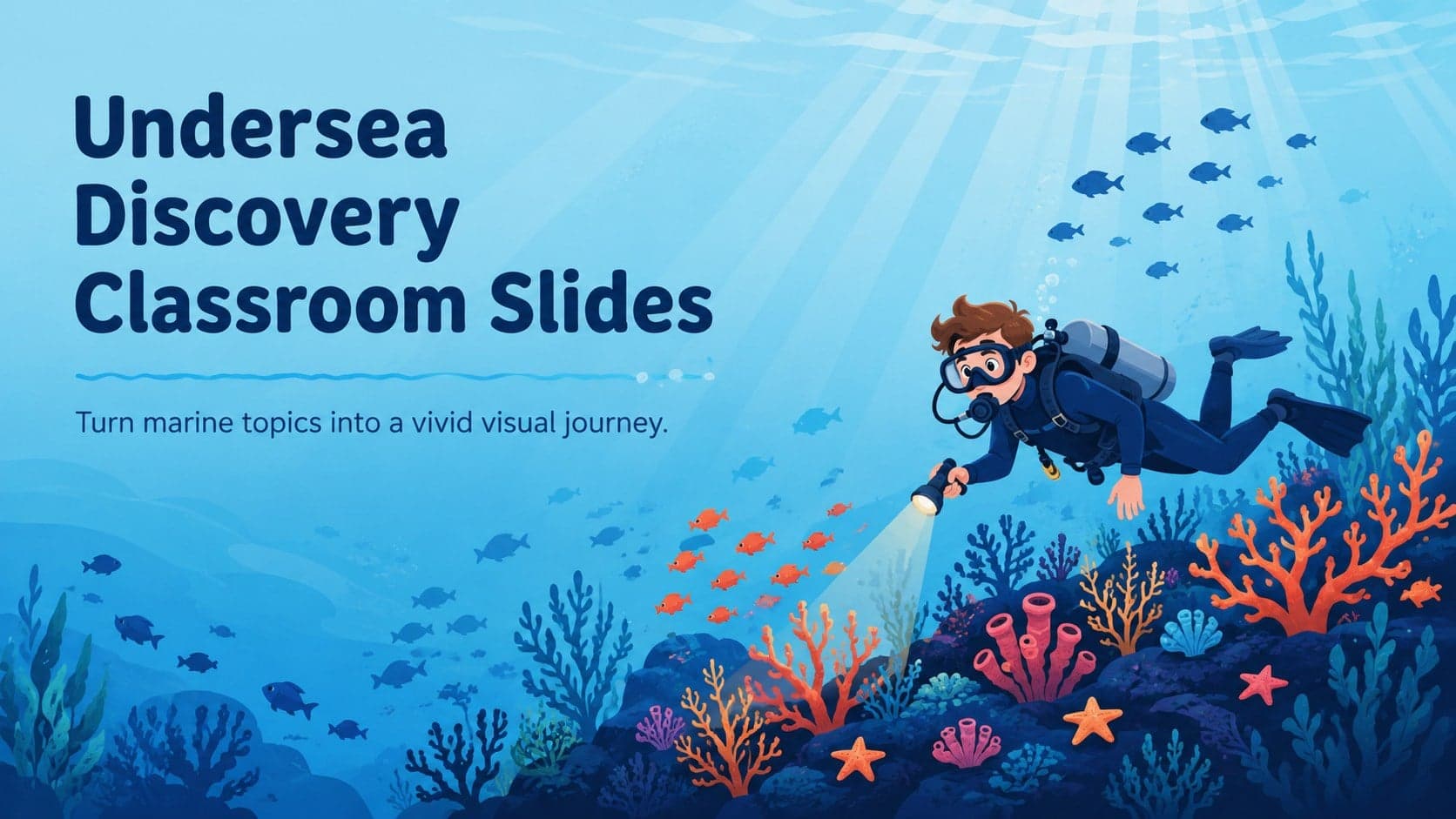 Cover for Undersea Discovery Classroom Slides featuring colorful fish, coral and layered blue water.