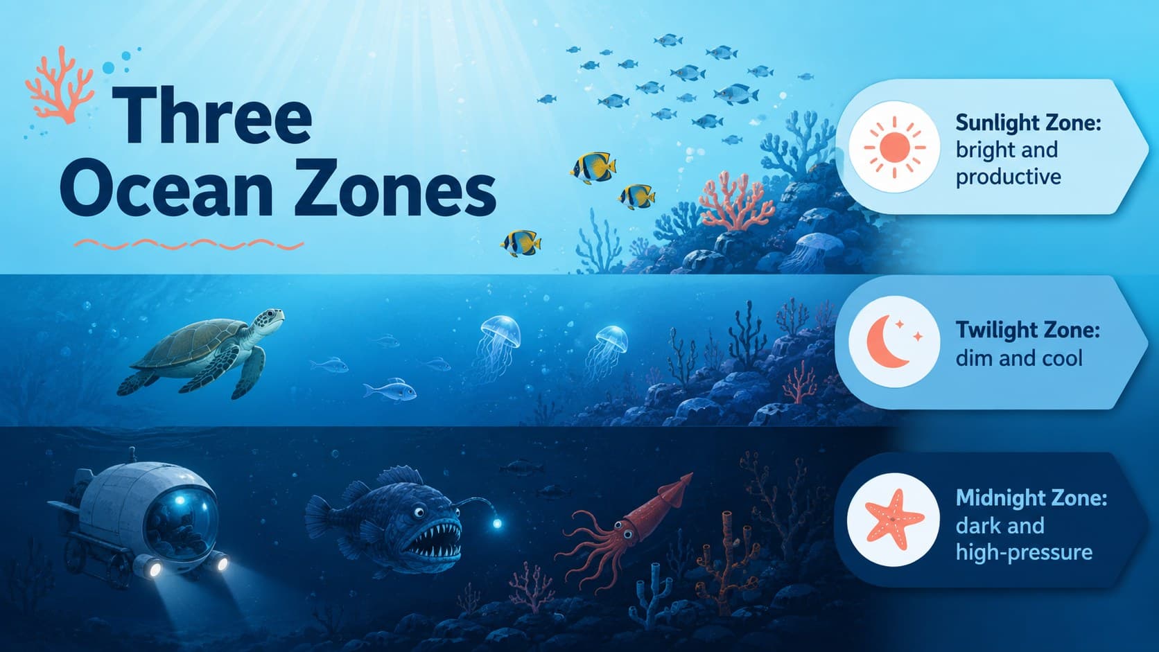 Illustrated ocean zones slide explaining sunlight, twilight and midnight layers for a marine biology lesson.