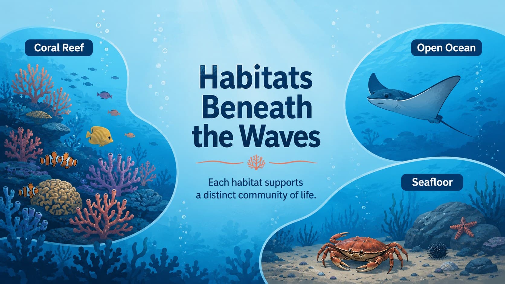 Sea life habitat overview with coral reef, open ocean and seafloor sections in an illustrated science deck.