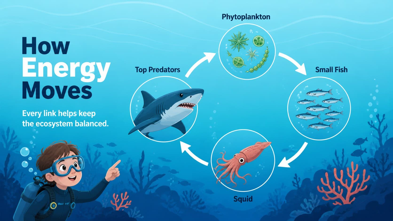 Ocean food web diagram showing energy moving from plankton to predators in marine biology lesson slides.