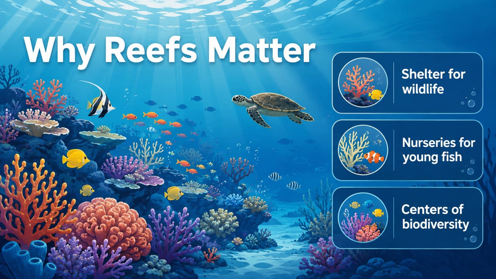 Coral reef ecosystem slide highlighting shelter, nursery areas and biodiversity in a classroom presentation.