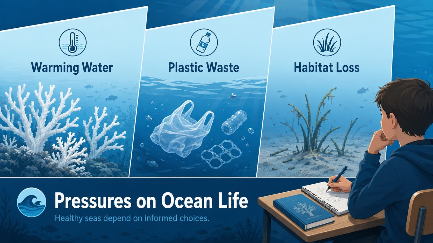 Ocean threats comparison slide covering warming, plastic waste and habitat loss in an education deck.