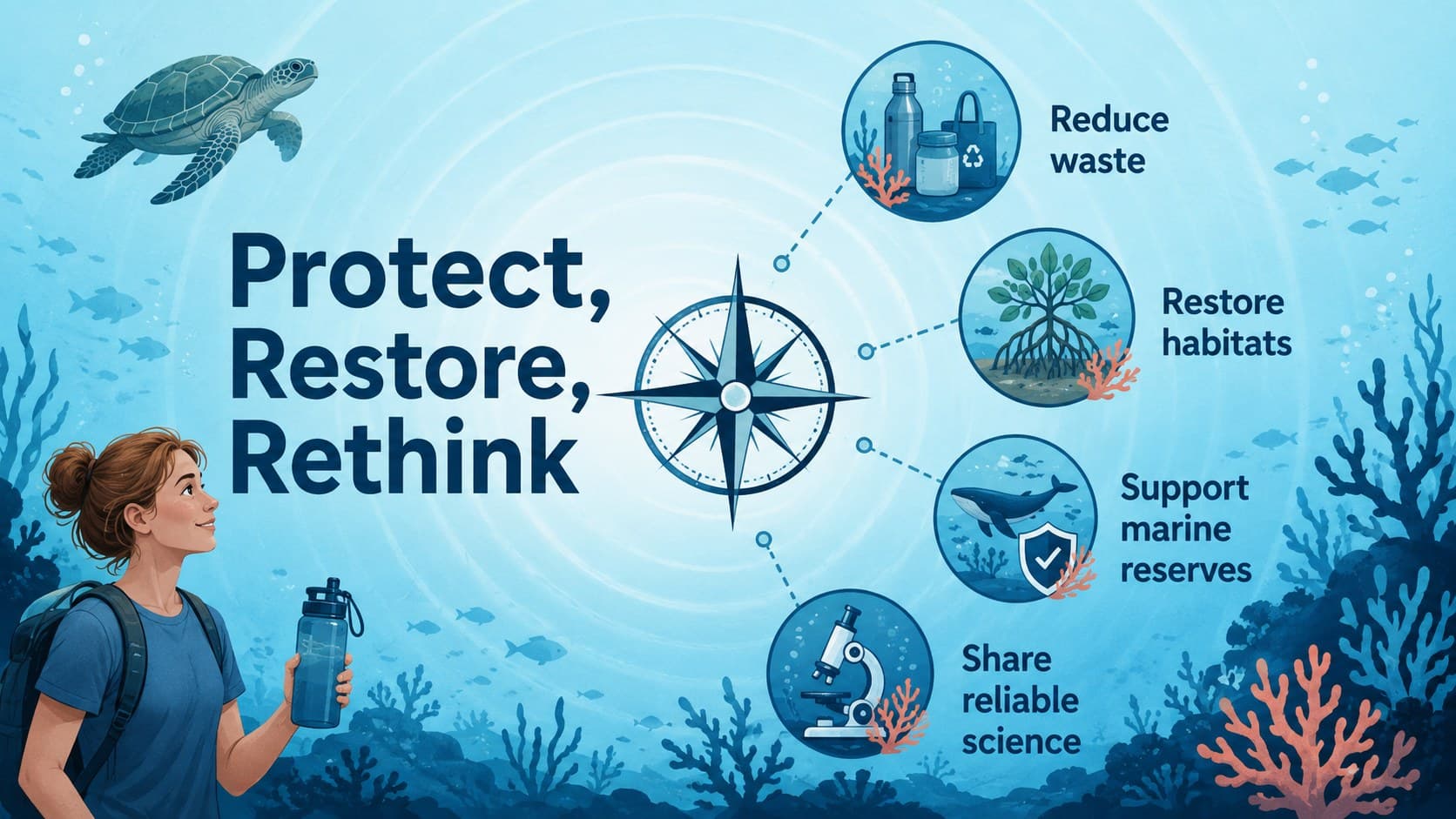 Ocean protection strategy slide with restoration, waste reduction and marine reserve actions.