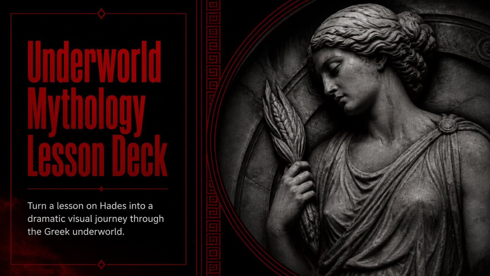 Cover slide for an underworld mythology lesson deck with a black marble background and red classical accents.