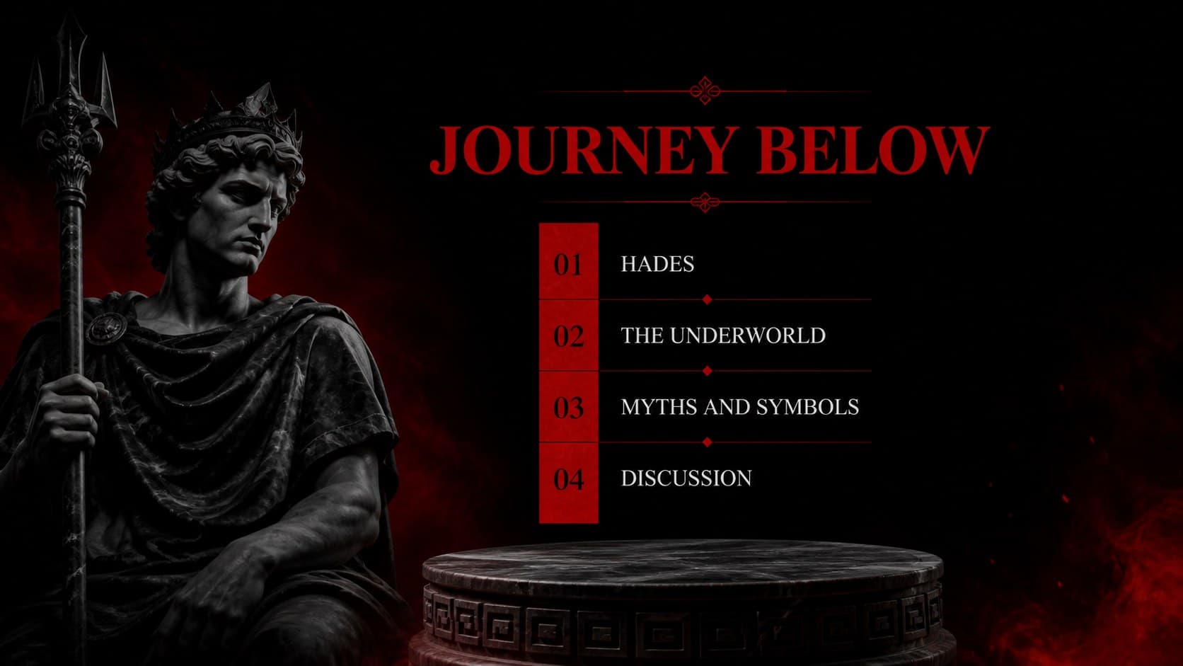 Agenda slide outlining a Greek underworld lesson with marble columns and red section markers.