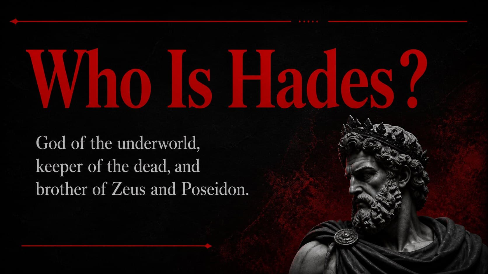 Hades introduction slide for a Greek mythology classroom presentation with a marble bust and red typography.