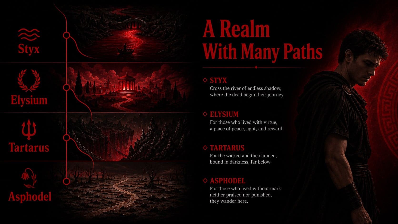 Greek underworld lesson slide showing the realms of Hades in a structured black and red diagram.