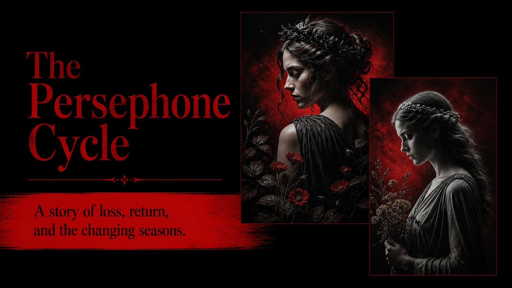 Hades and Persephone myth slide with contrasting marble imagery and red story labels.