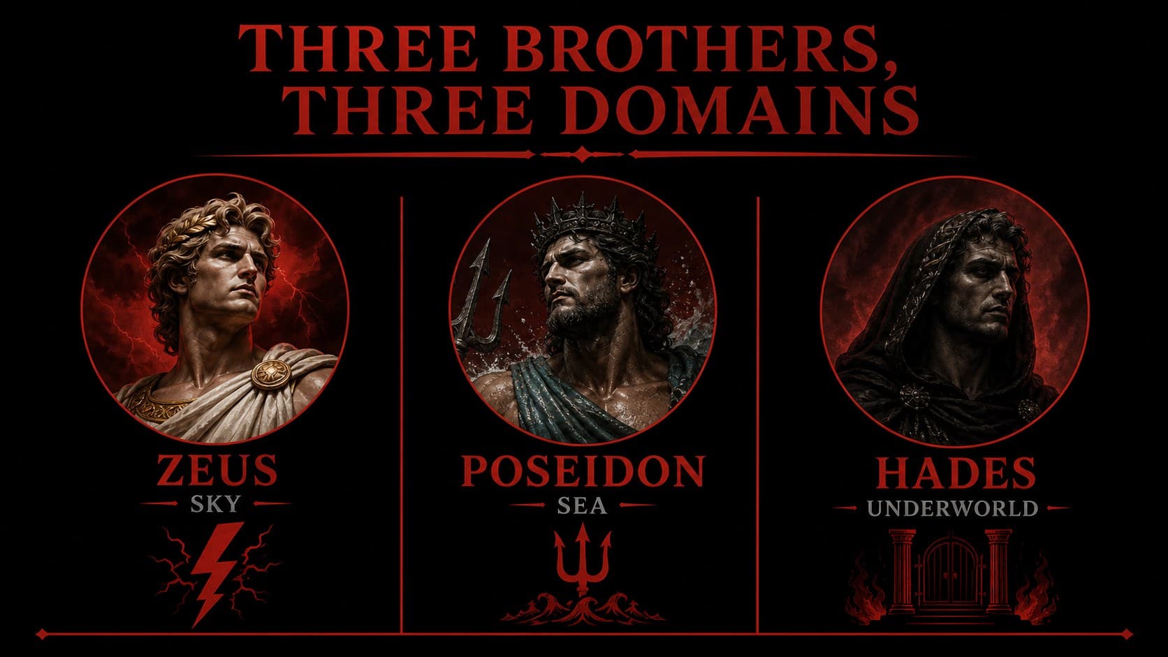 Greek gods comparison slide for a mythology lecture featuring black marble portraits and red comparison labels.