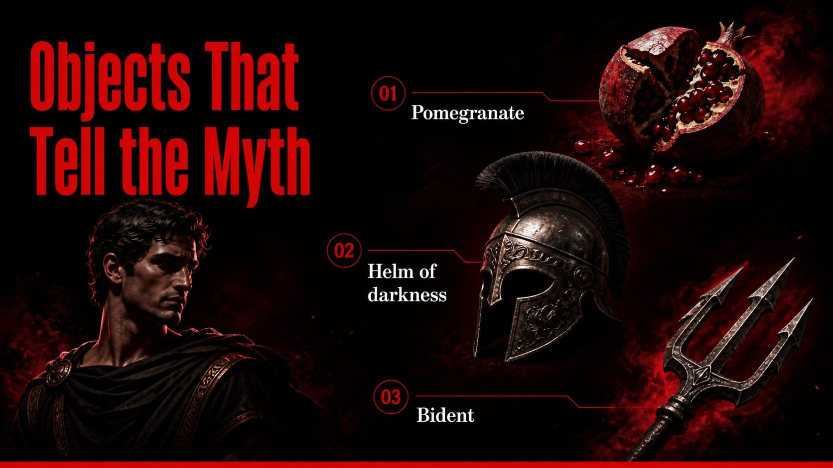 Greek mythology symbols slide explaining the pomegranate, helm, and bident in a dark marble lesson design.