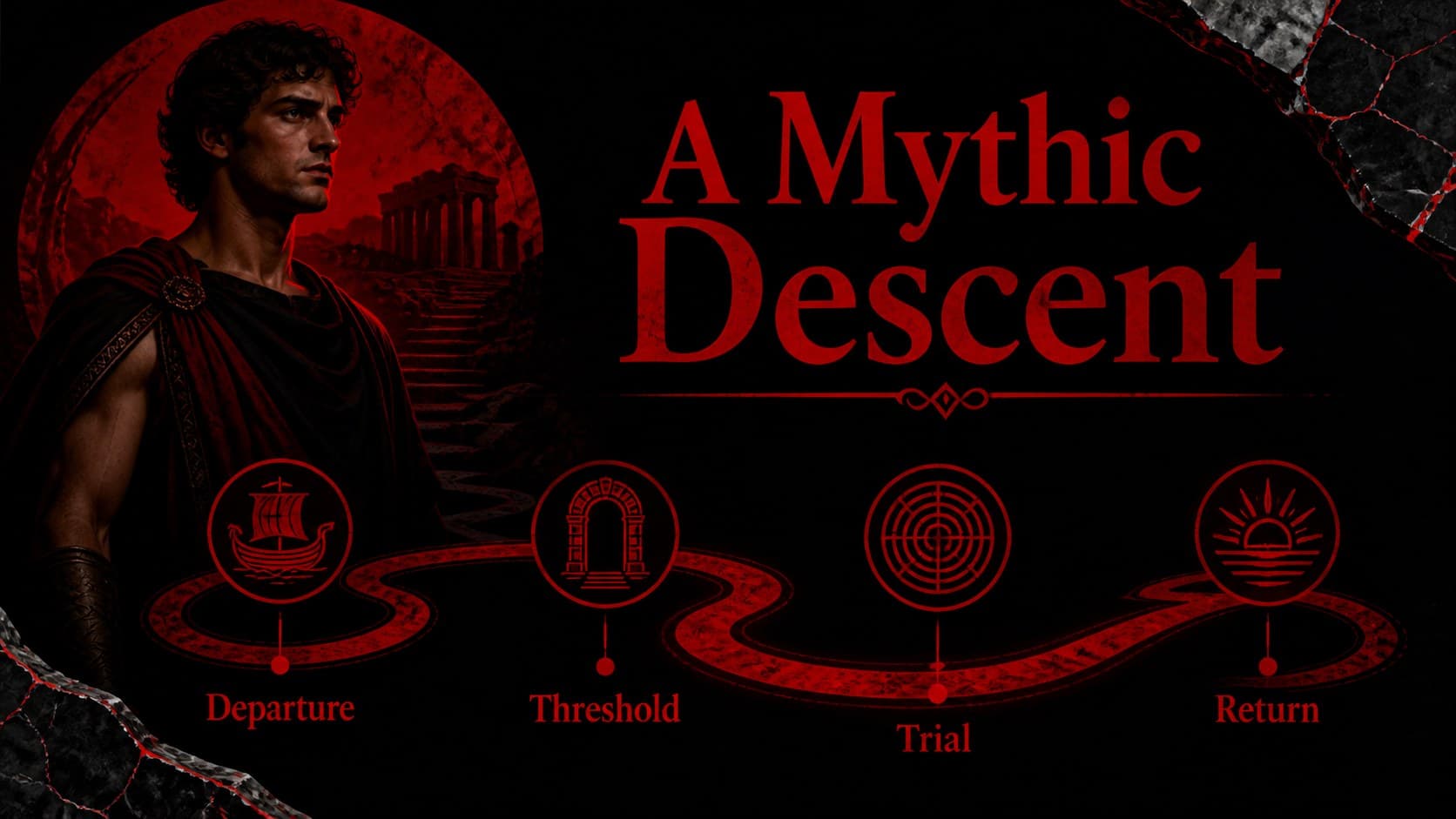 Ancient mythology timeline slide tracing a descent, encounter, and return through the underworld.
