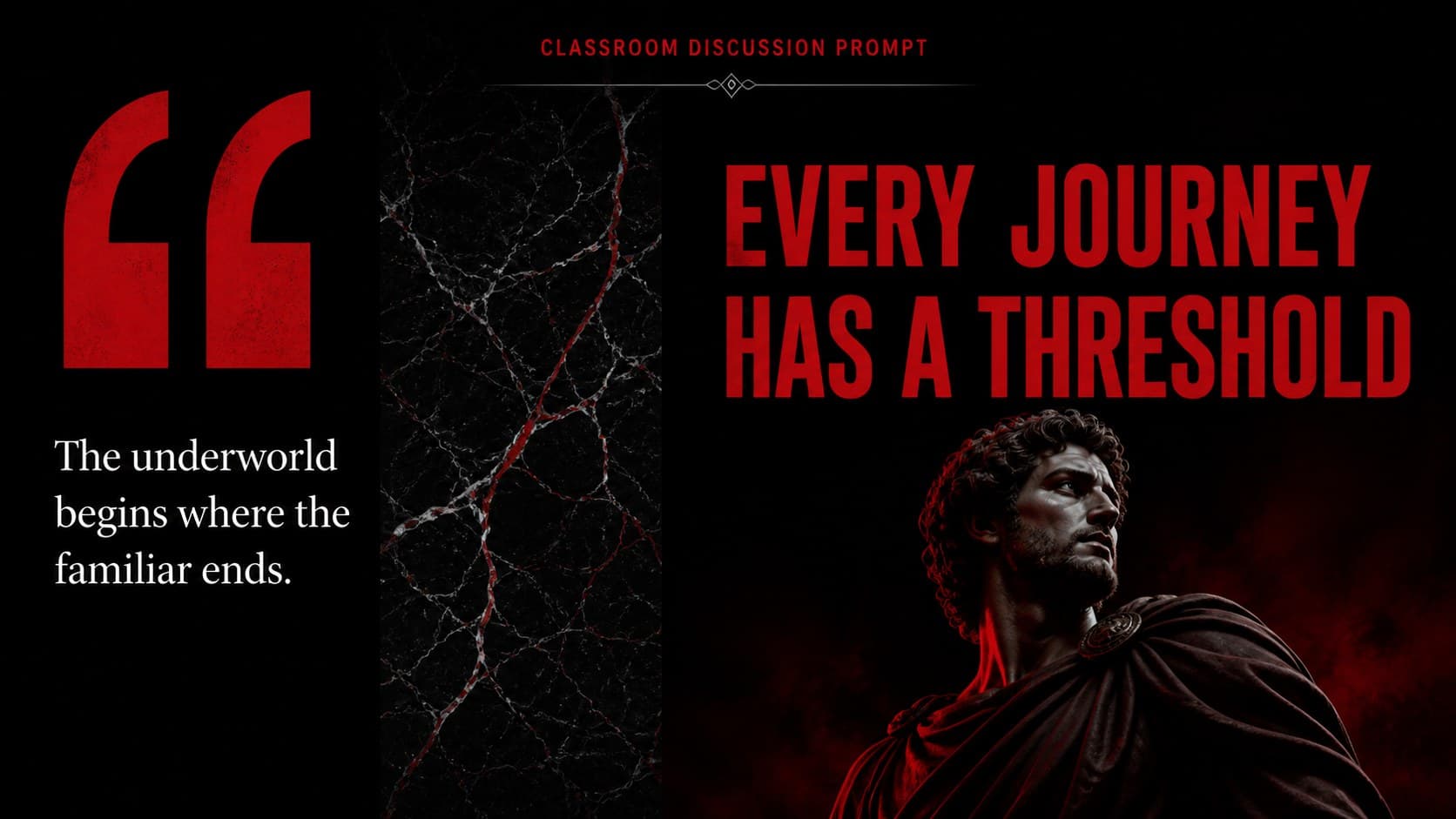 Hades mythology quote slide with a large classical quotation treatment in black, red, and marble white.