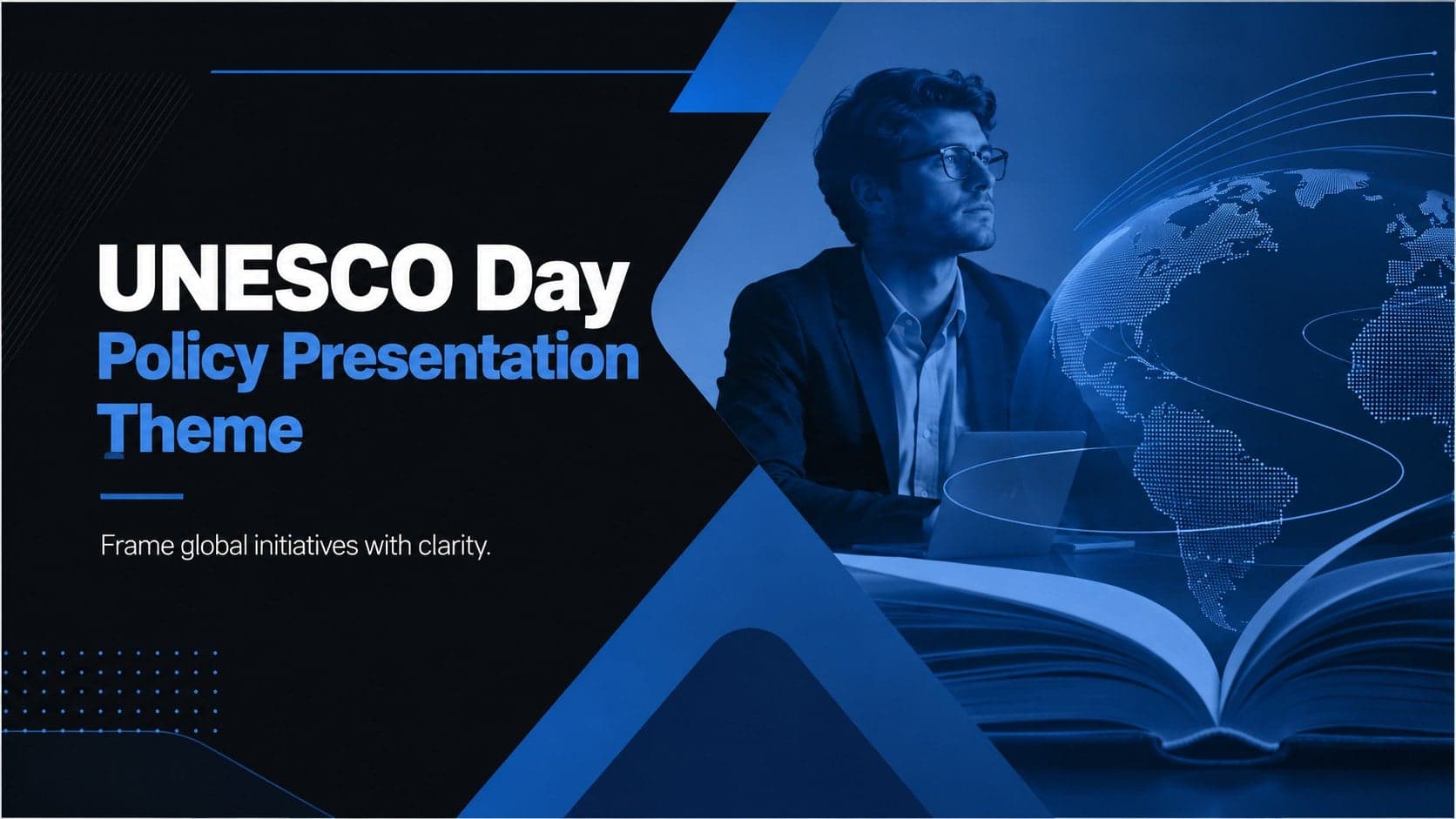 Cover of the UNESCO Day policy presentation theme with bold blue typography and modern international policy graphics.