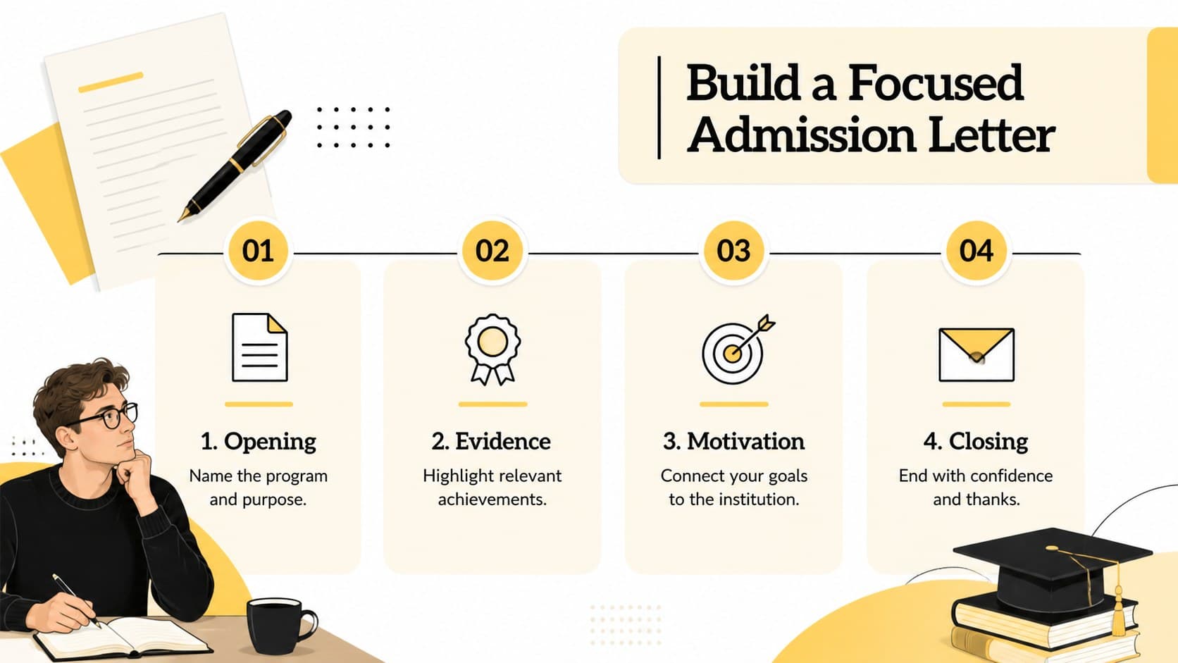 University application letter presentation slide outlining the opening, evidence, motivation, and closing sections.