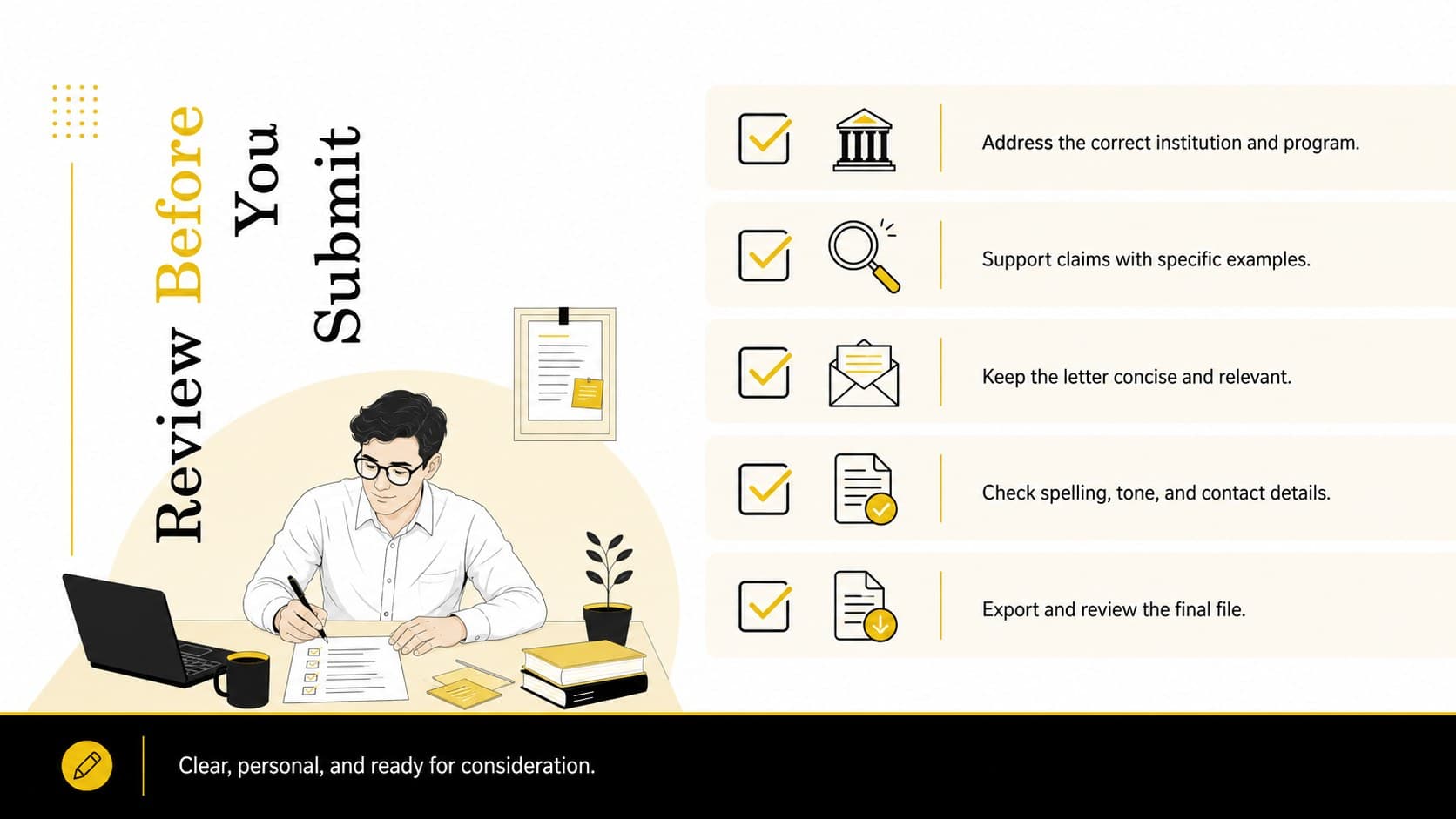 College cover letter slide layout with a final review checklist for a polished university application.