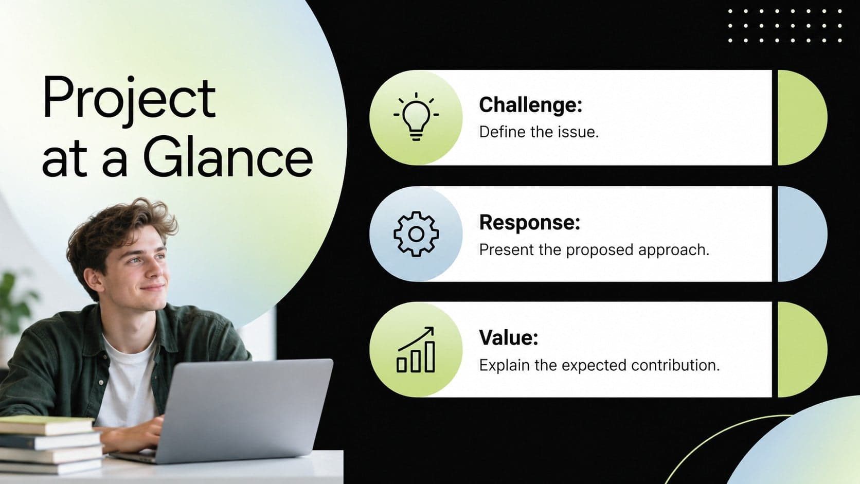 Senior capstone project overview slide featuring the challenge, proposed response, and expected value.