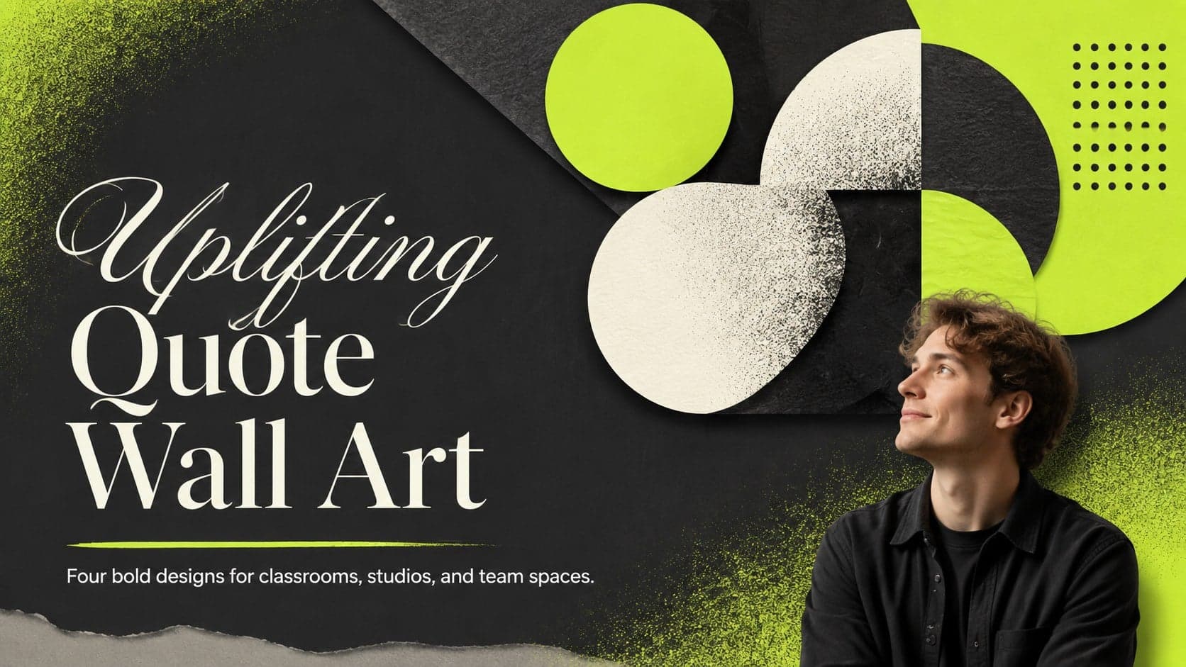 Cover for an uplifting quote wall art collection with bold modern typography and geometric decorative accents.