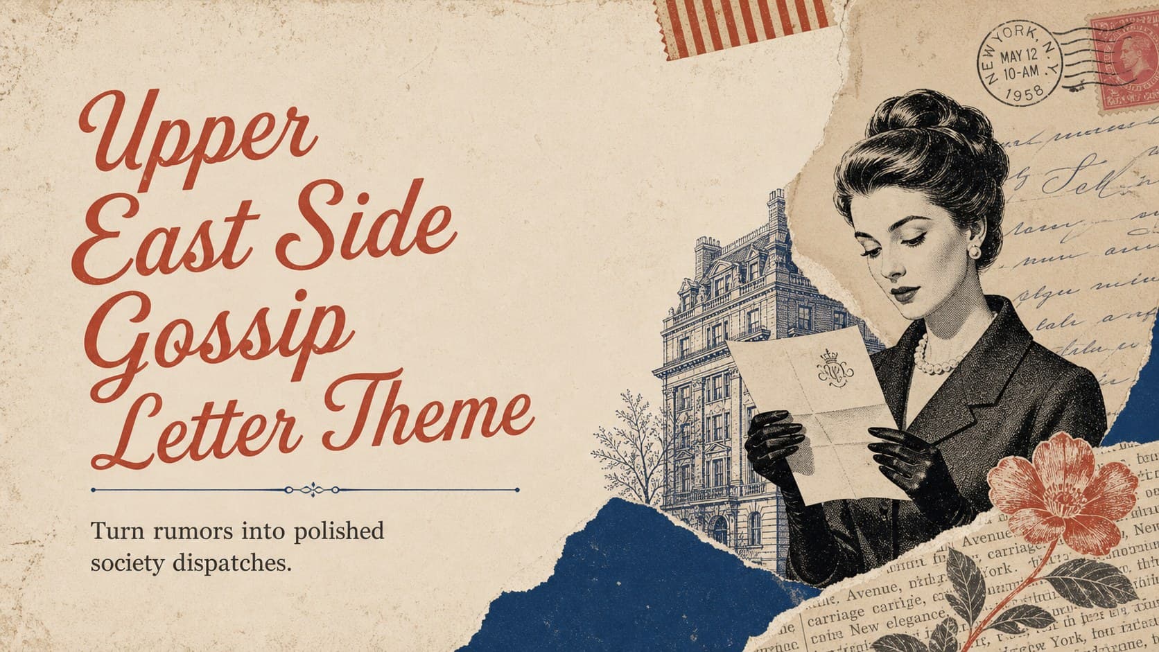 Cover of an Upper East Side gossip letter theme with vintage beige paper, editorial typography, and layered collage accents.