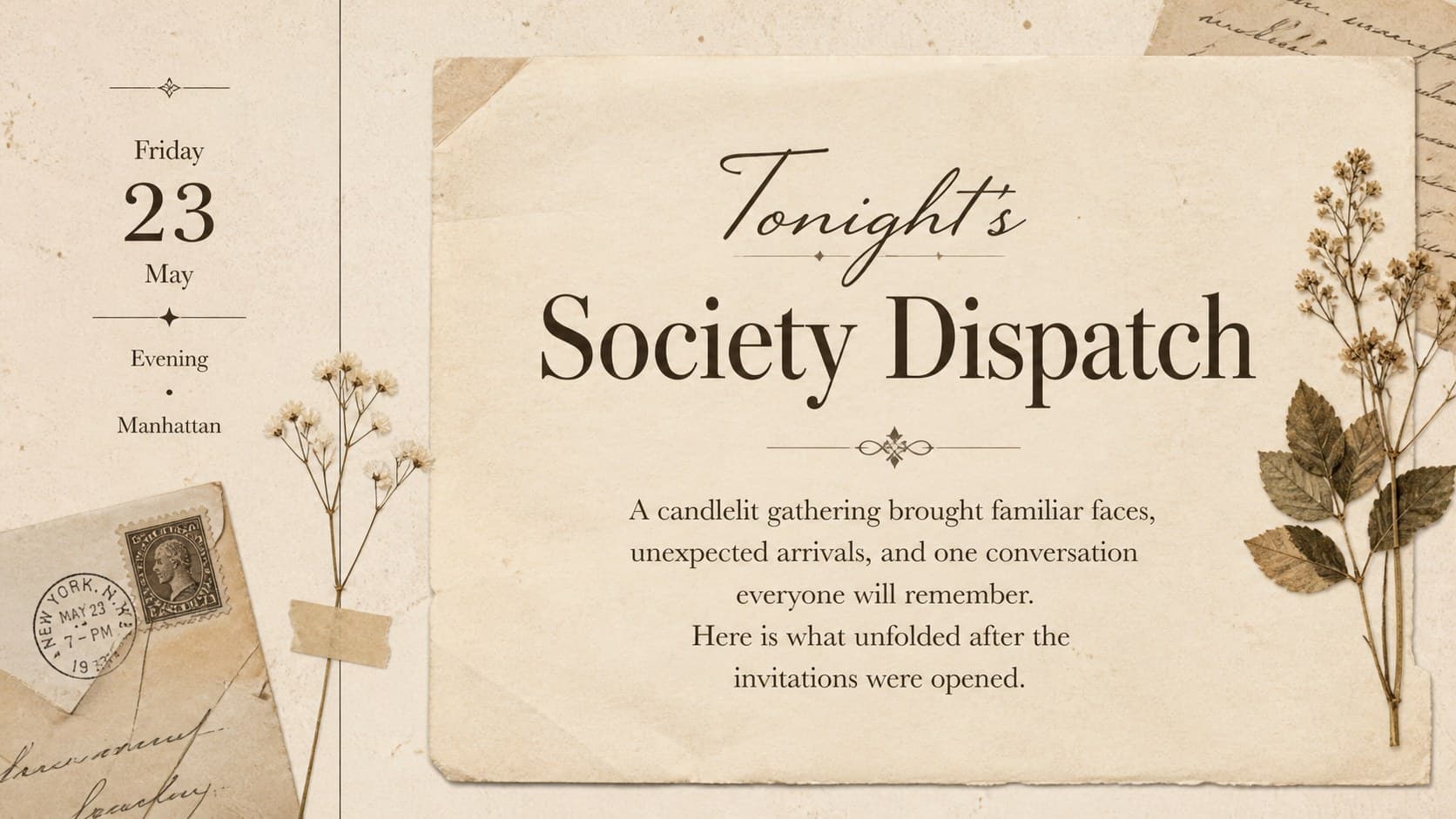 Editable vintage society gossip letter slide featuring a dated dispatch, opening note, and elegant beige correspondence layout.