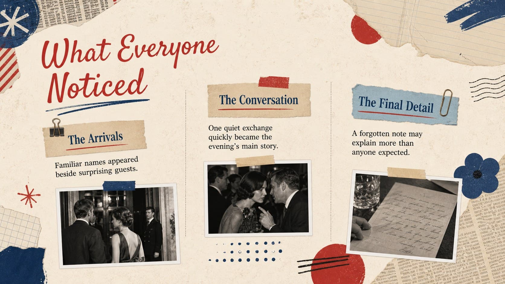 Beige collage correspondence theme slide organizing society highlights into arrivals, conversations, and memorable moments.