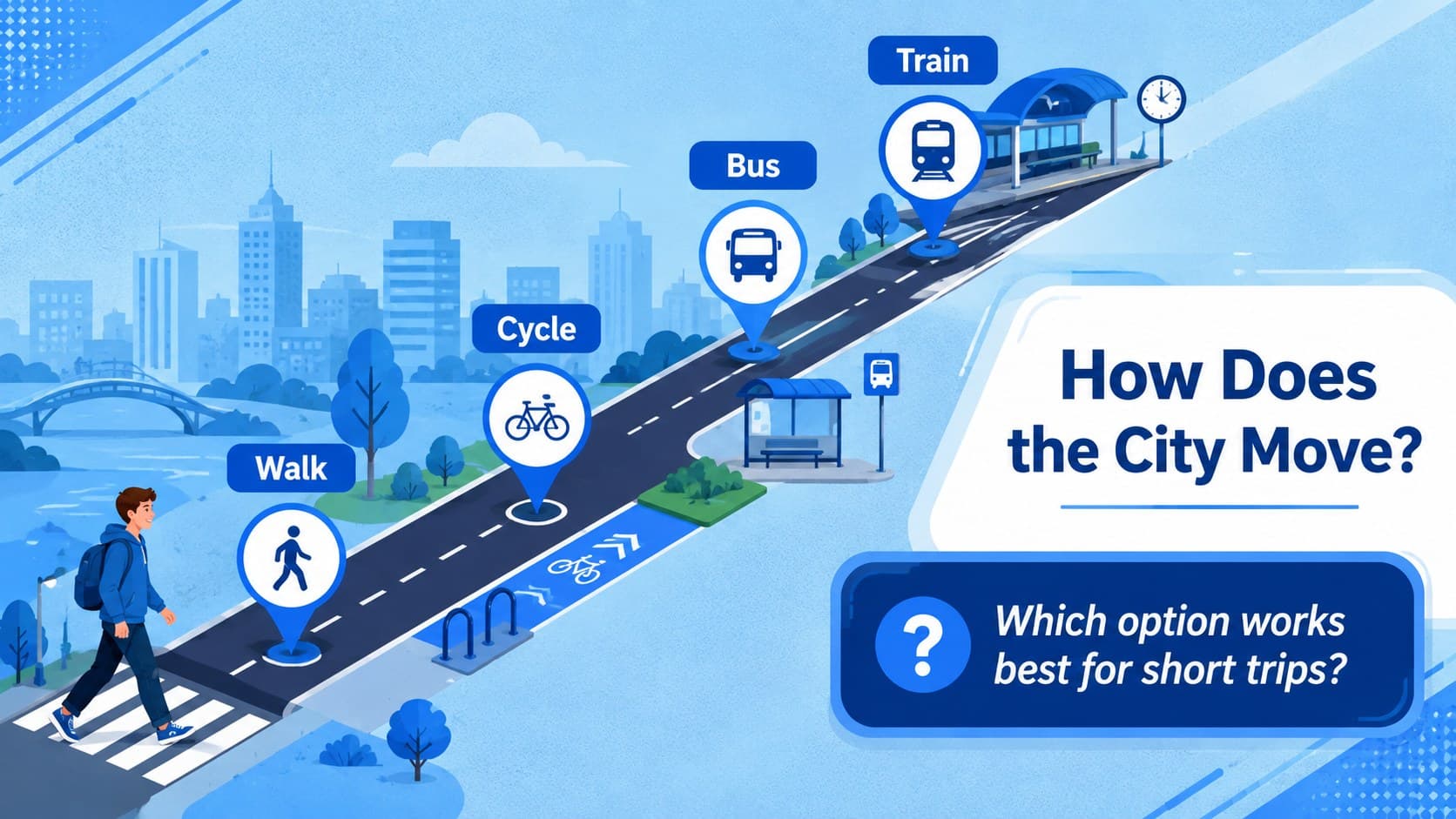 Urban mobility classroom presentation slide comparing walking, cycling, buses and trains.