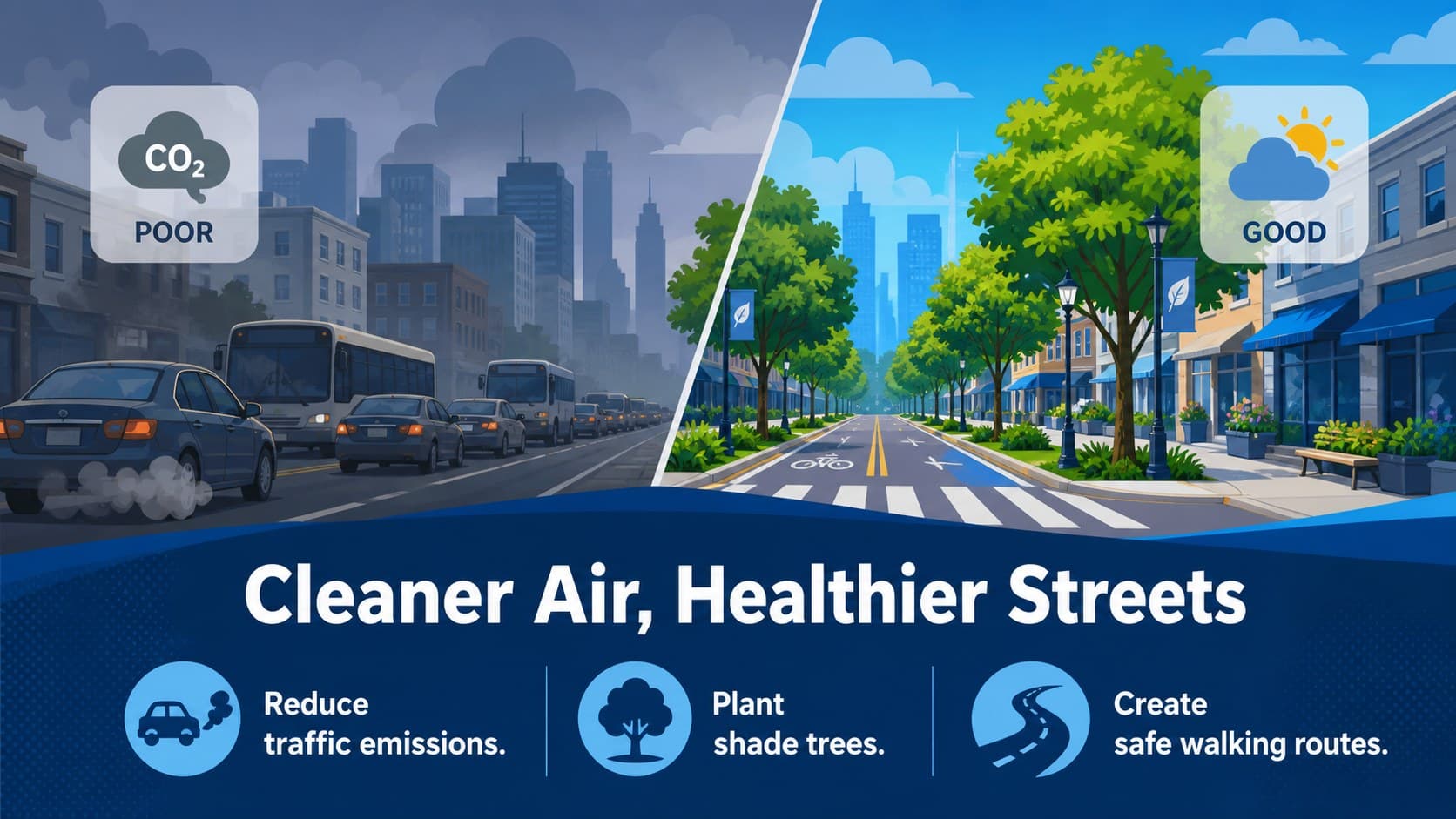 Clean air lesson presentation slide connecting traffic, trees and healthy streets in an illustrated city.