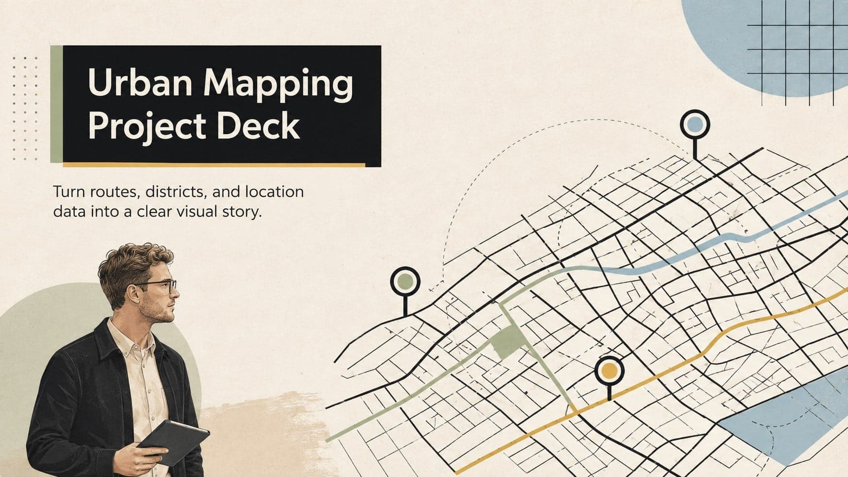 Cover of the Urban Mapping Project Deck with a minimalist beige city grid and black route markers.