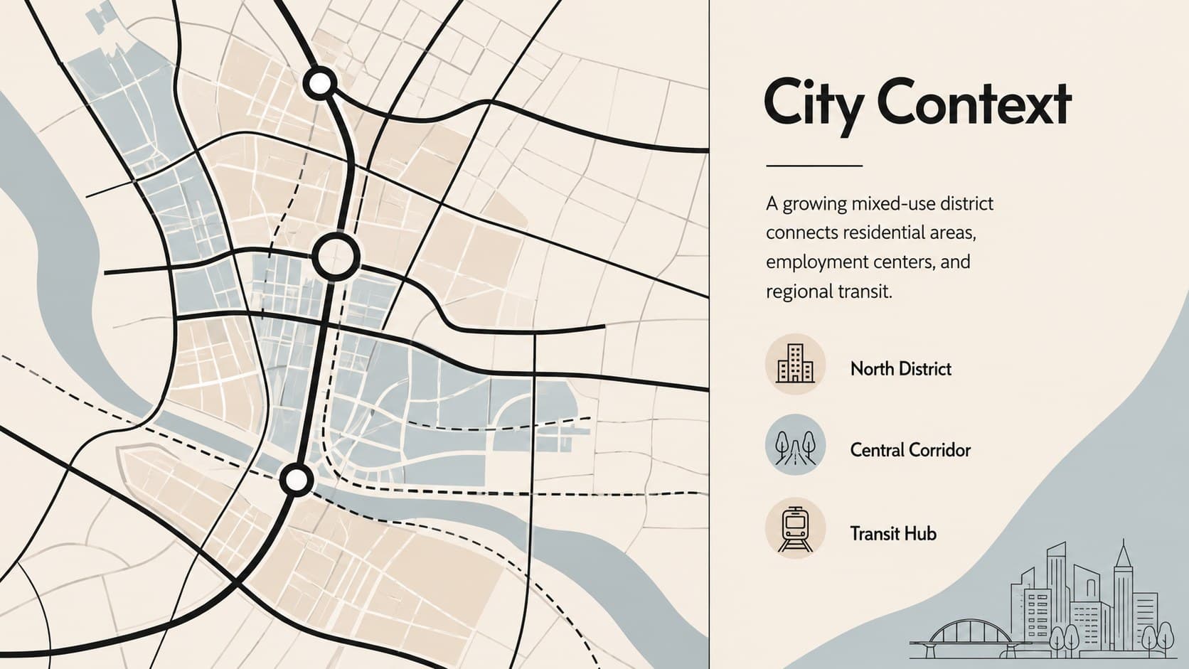 Urban development map presentation showing city context, growth areas, and key connections.