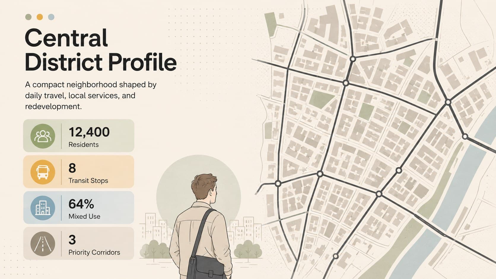 Neighborhood planning PowerPoint template layout featuring a district profile and four local indicators.