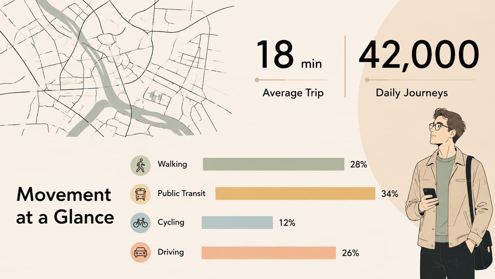Transportation route planning deck slide with mobility statistics and a beige bar chart.