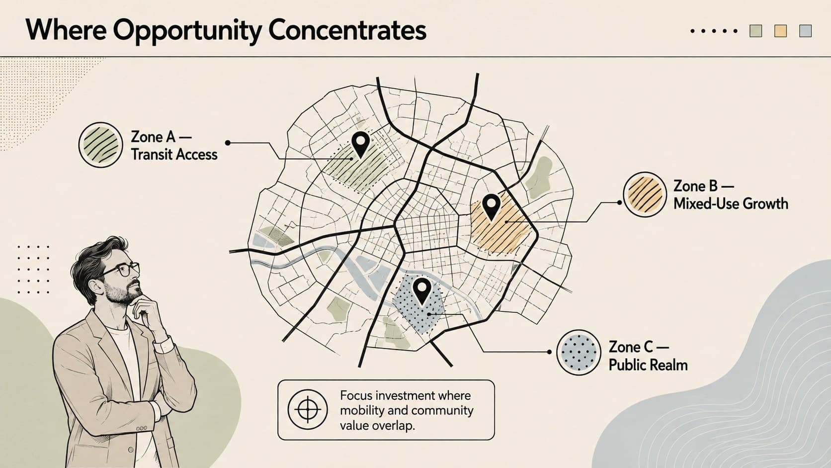 Location strategy presentation slide mapping three opportunity zones in a minimalist city plan.