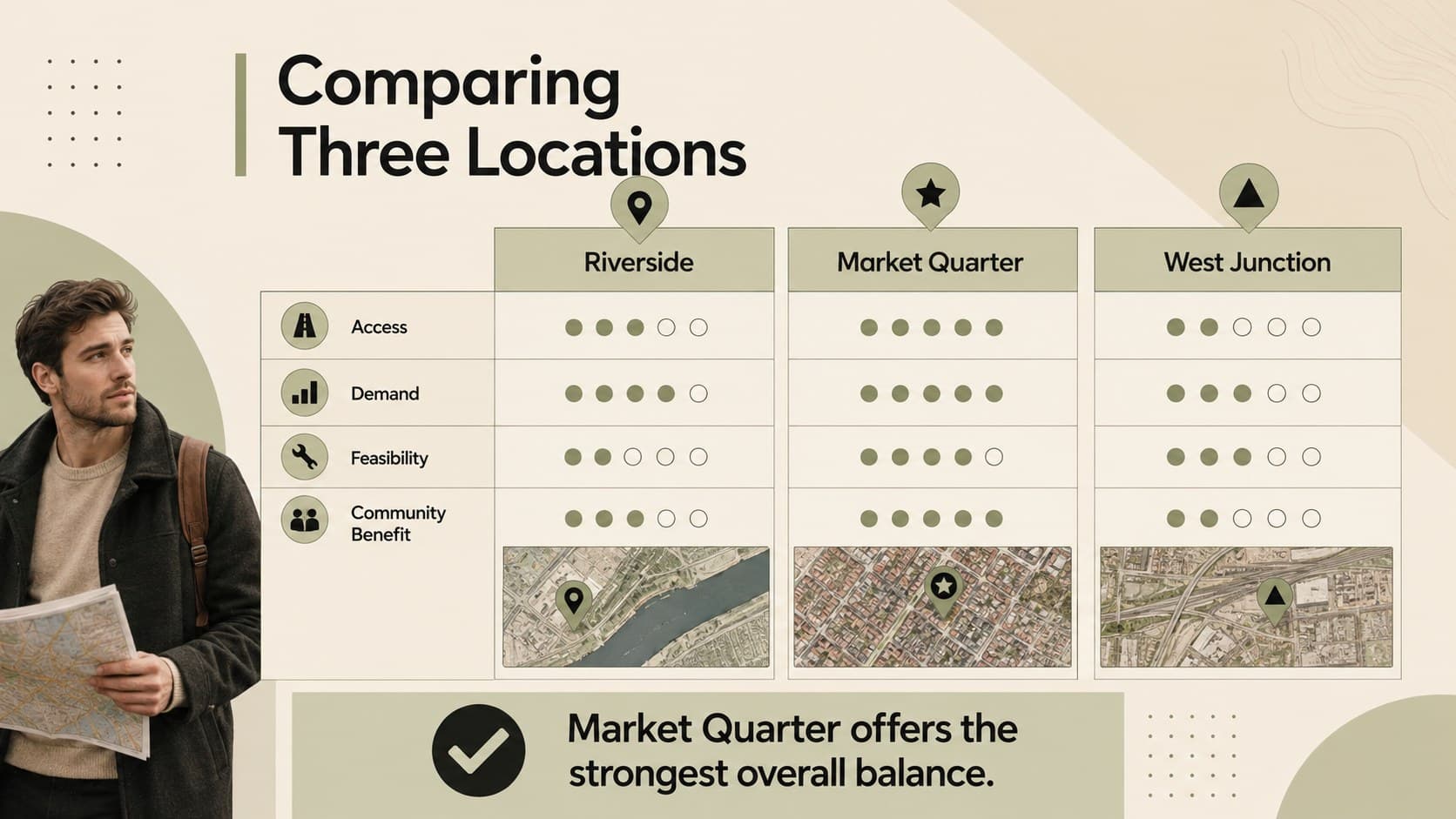 City map project presentation template comparing three potential sites by access, demand, and feasibility.