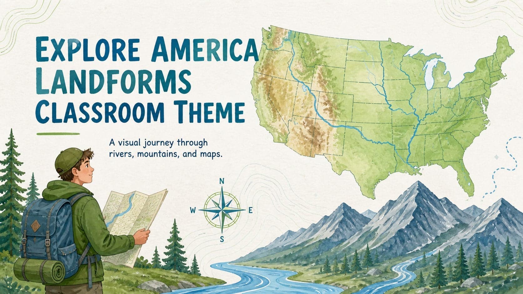 Colorful cover slide for a US landforms classroom theme with illustrated mountains, rivers, and a classroom map.