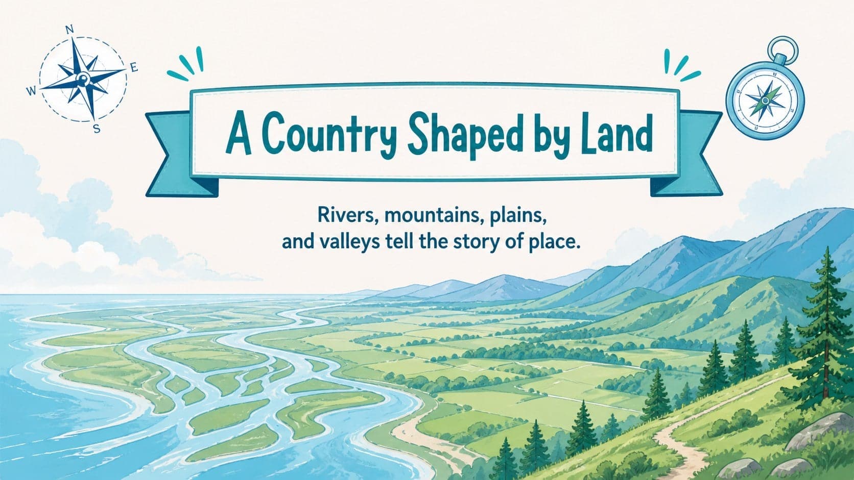 Elementary geography lesson slide introducing US physical features with illustrated rivers and mountain ranges.