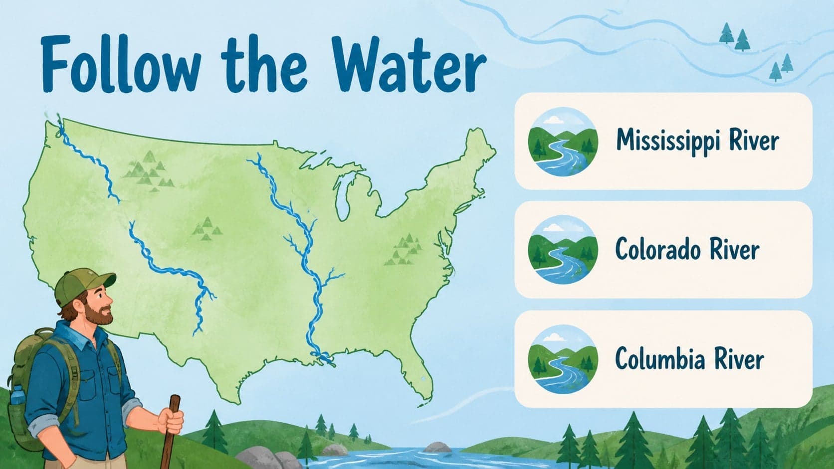 Map activity slide locating major US rivers for an elementary geography lesson presentation.