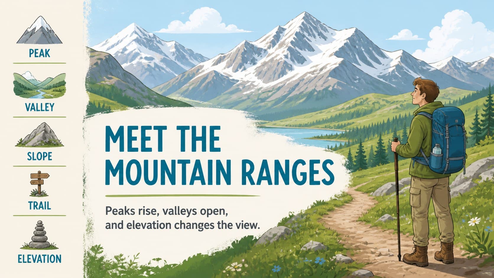 Illustrated mountain range slide explaining elevation and peaks in a geography classroom deck.