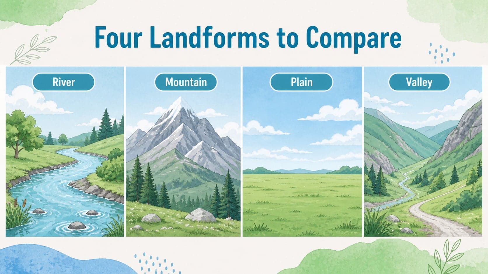 US physical geography comparison slide contrasting rivers, mountains, plains, and valleys.