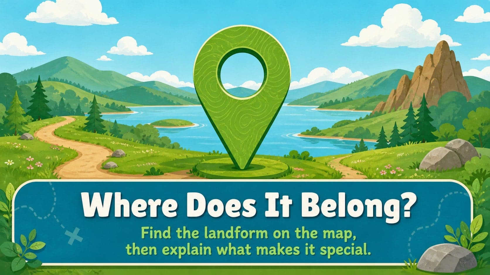 Interactive map activity presentation slide asking students to identify a US landform.