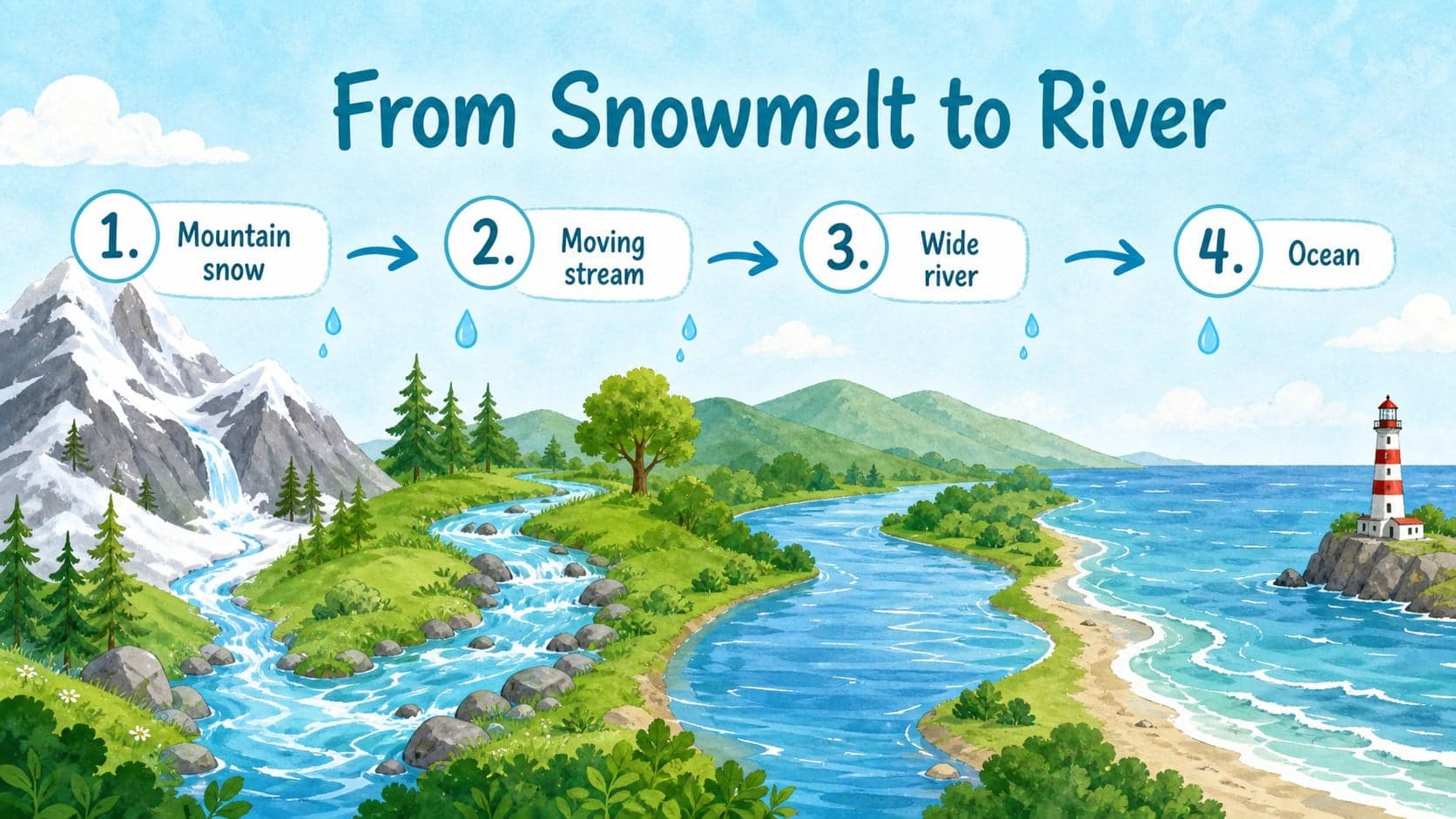 Elementary geography slide showing how water travels from mountains to rivers and the sea.