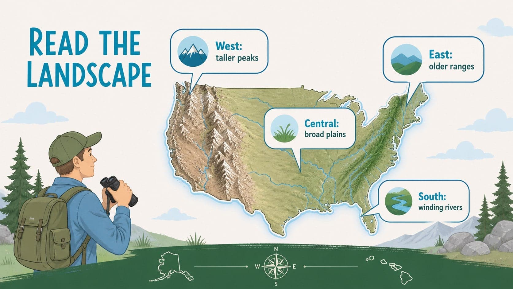 Map skills slide highlighting regions and physical features across the United States.