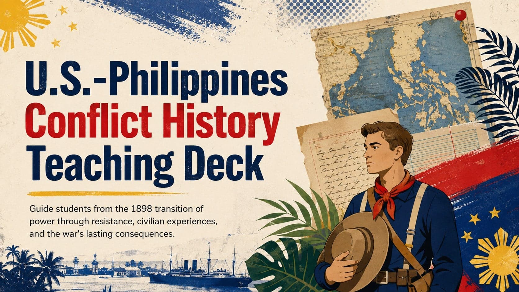 Colorful paper-style cover for the U.S.-Philippines Conflict History Teaching Deck with maps and archival motifs.