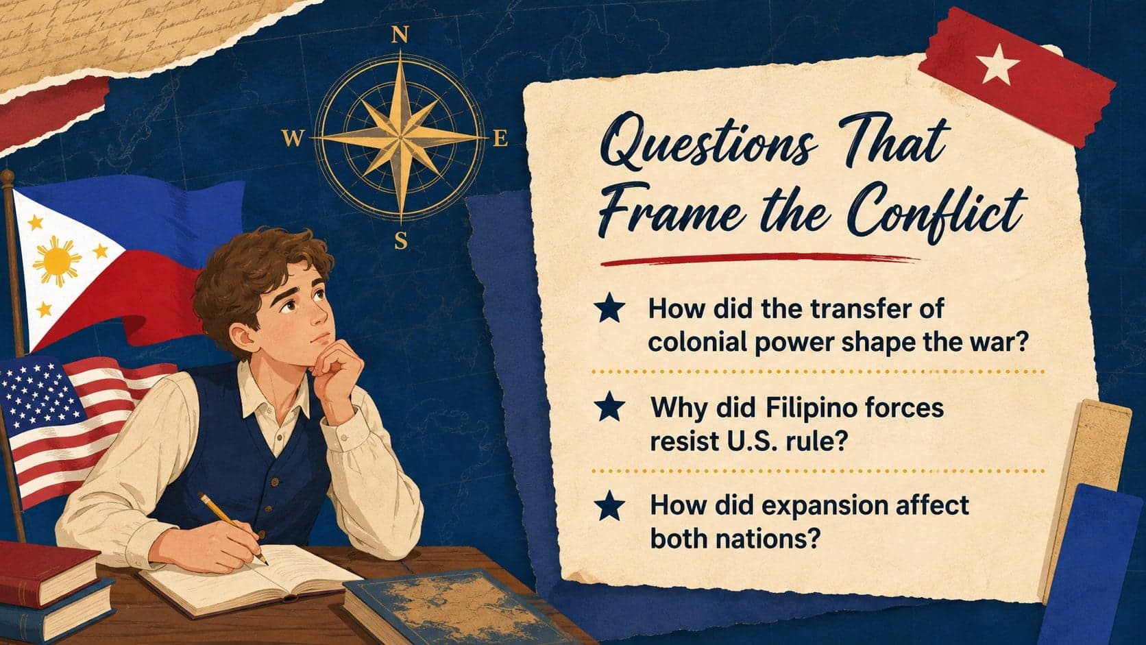 History lesson objectives slide introducing essential questions about sovereignty, expansion, and independence.