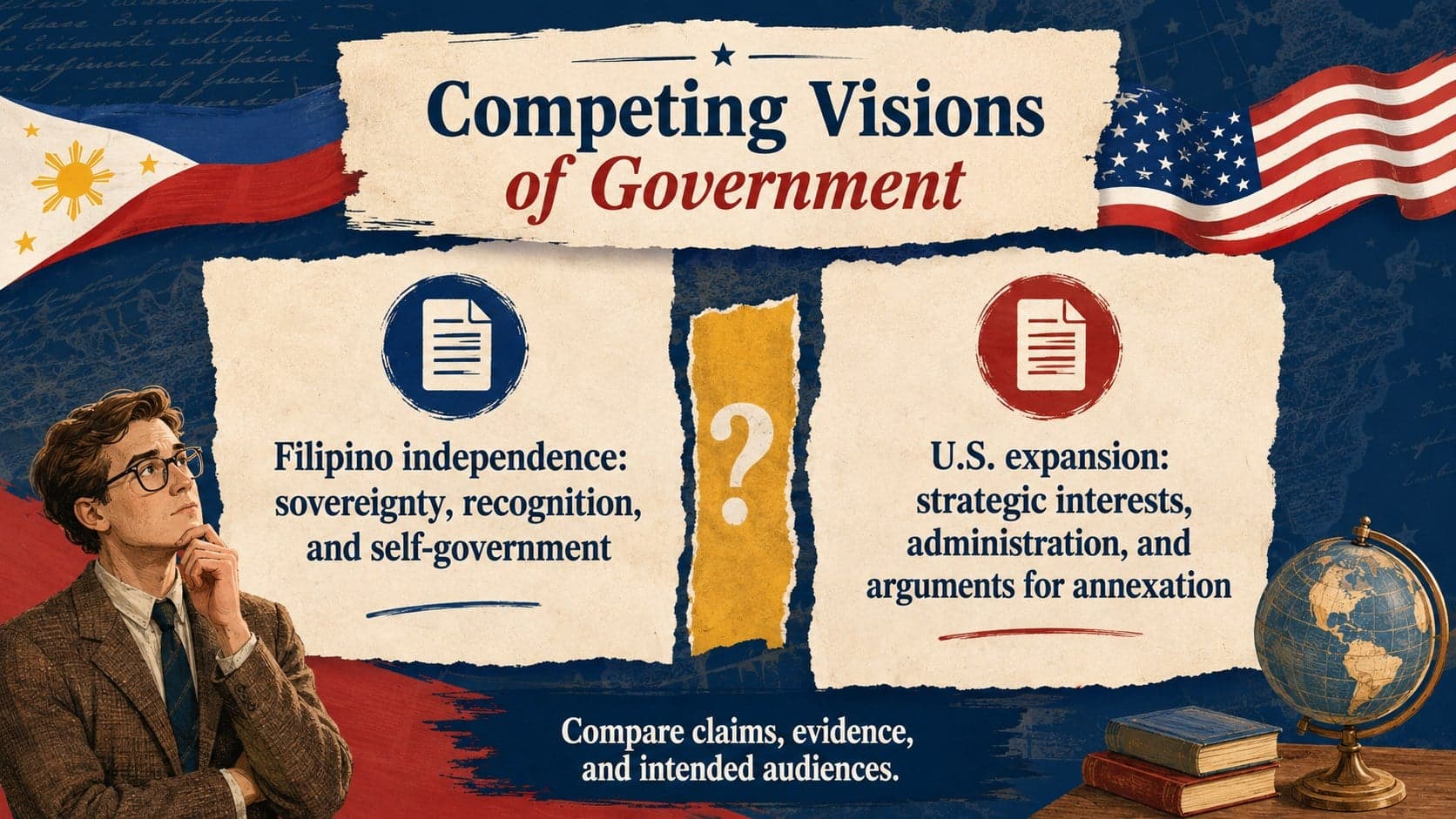 Comparative history slide presenting Filipino independence and American expansion perspectives.