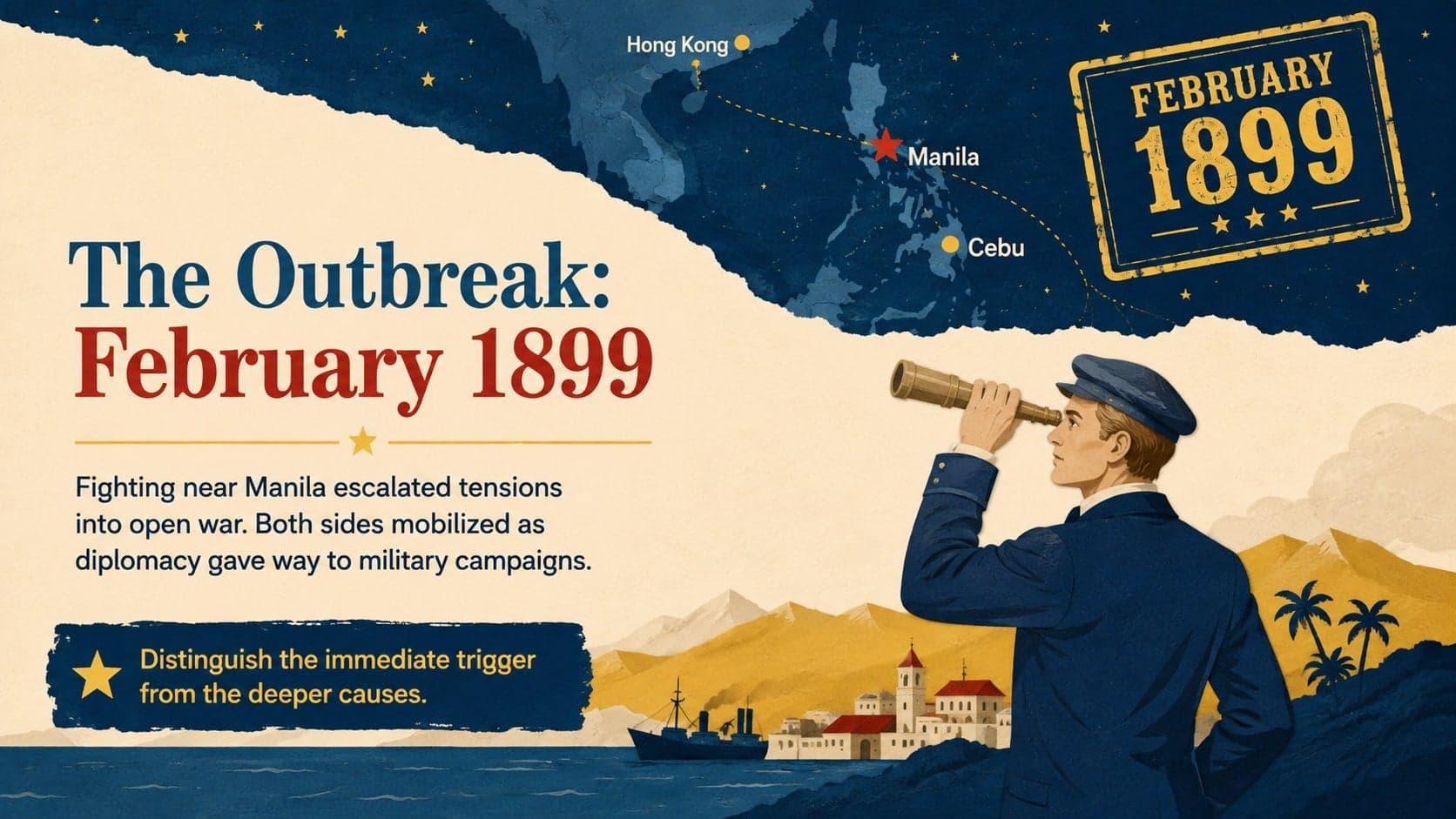 Battle of Manila classroom presentation slide explaining the outbreak of fighting in February 1899.