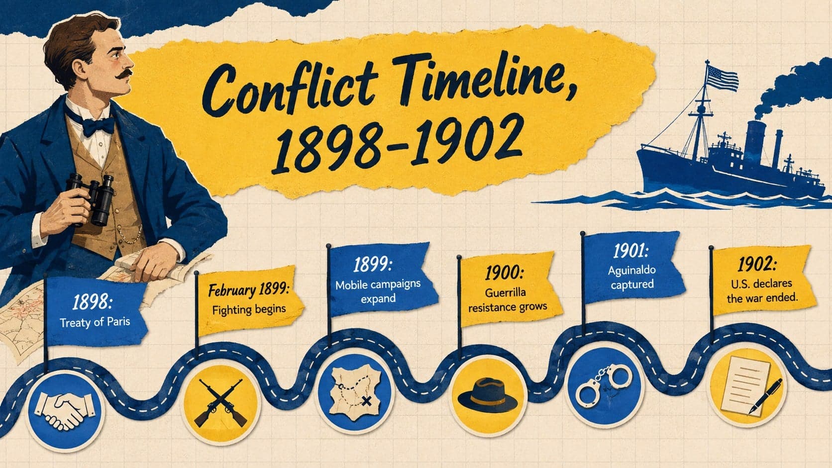 Classroom timeline of the Philippine-American War showing major developments from 1898 to 1902.