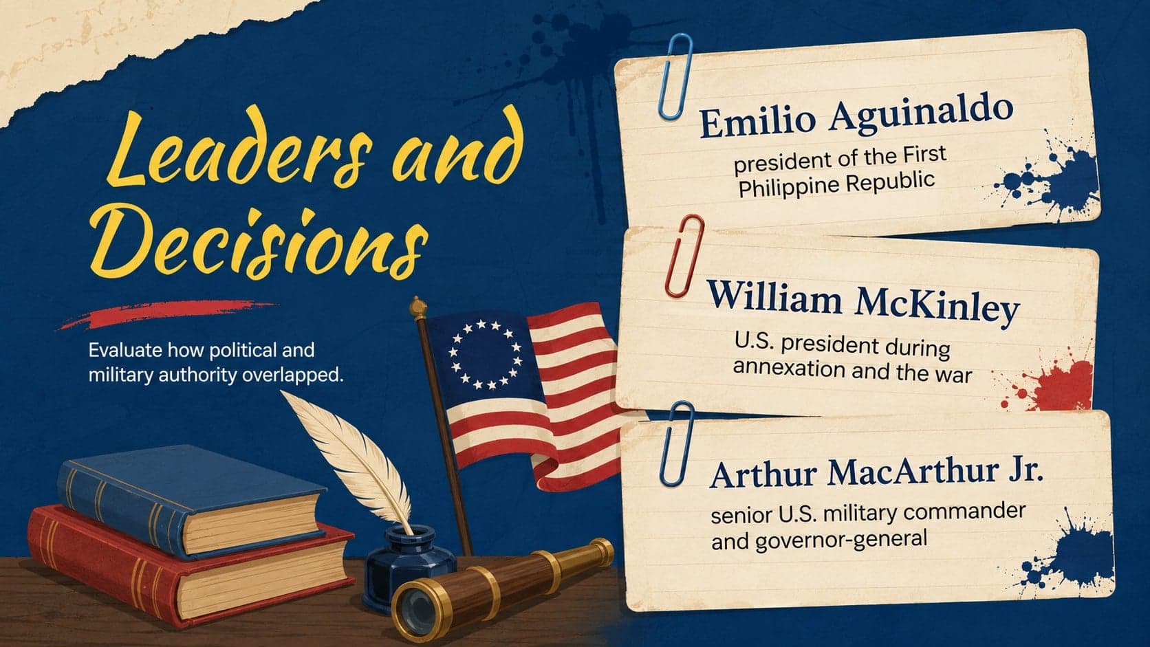 Historical leadership slide identifying Emilio Aguinaldo, William McKinley, and Arthur MacArthur by role.