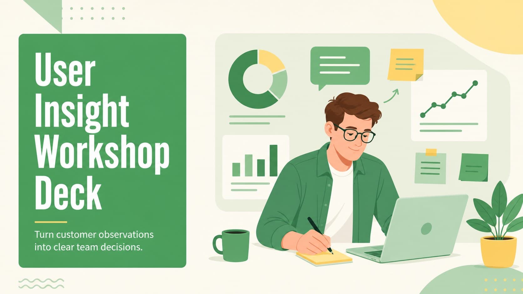 Cover slide for a user insight workshop deck with a green and yellow illustrated research theme.
