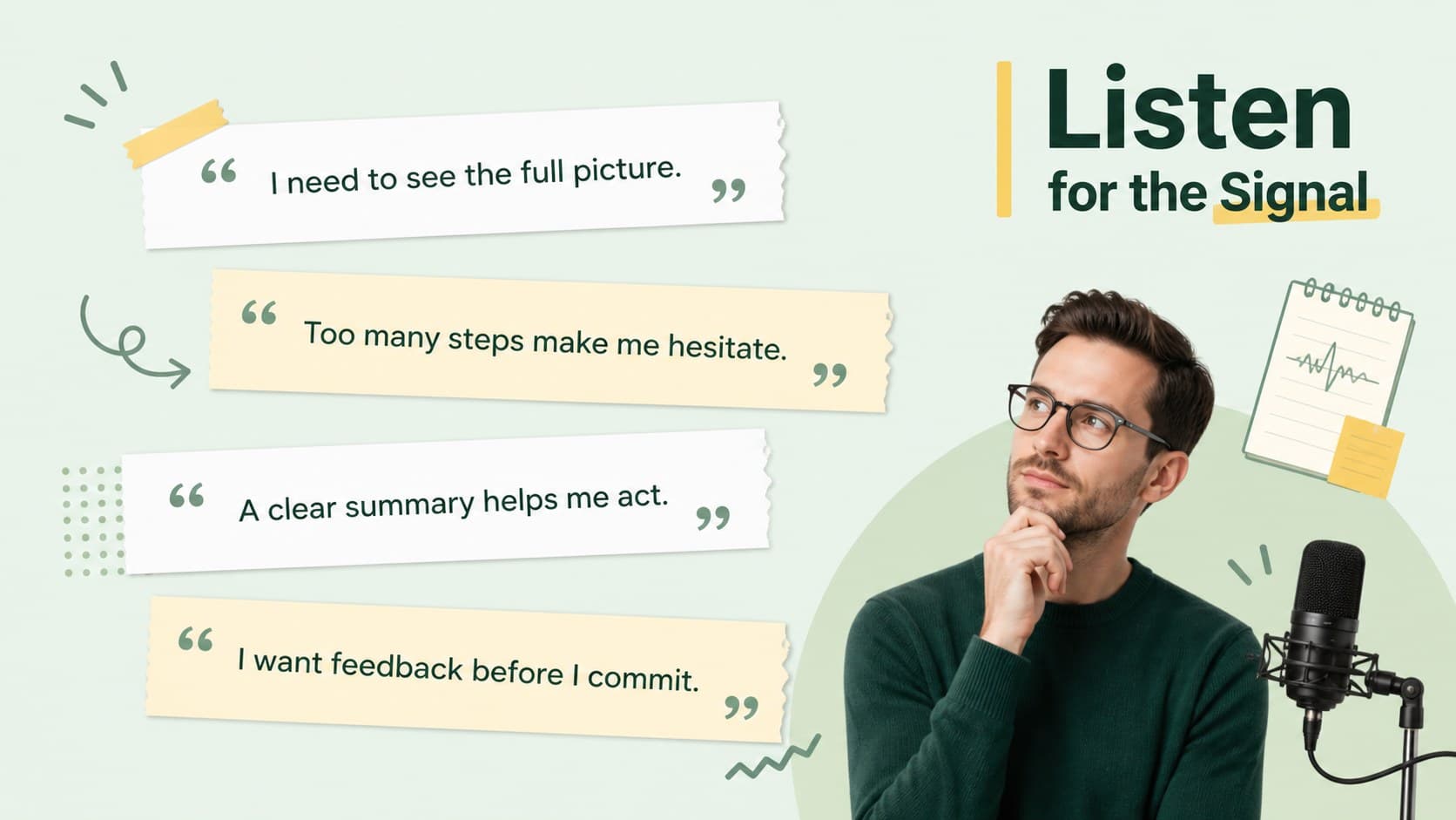 Observation capture slide with quote snippets for a customer empathy mapping presentation.