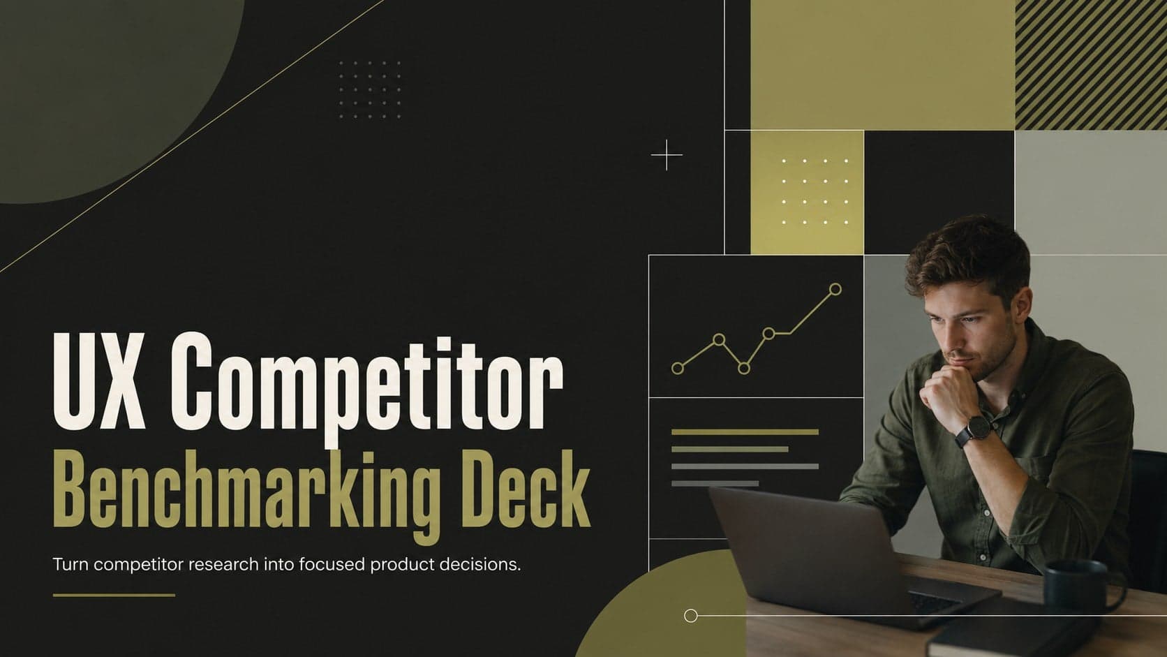 Cover of a UX competitor benchmarking deck in a modern green, grey, and black corporate style.