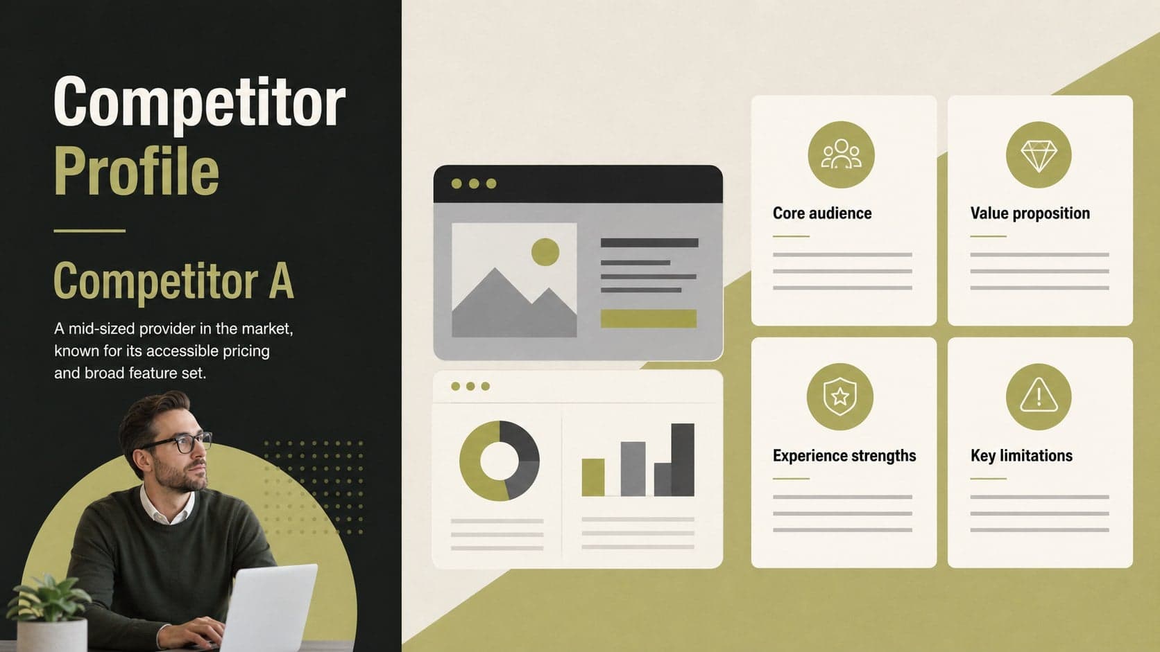 Competitor profile layout summarizing audience, value proposition, strengths, and limitations.